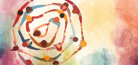 Group people in circle from different cultures holding hands.Teamwork and cooperation.Community of friends or volunteers committed to social issues for peace and the environmentの写真素材