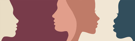Close-up silhouette profile view faces of different women. Female social network community. Racial...