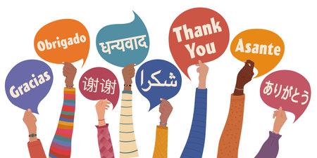 Raised hands of multicultural people from different nations holding speech bubbles with text THANK...