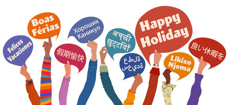 Global Seasonal Holiday Greetings with Diverse Hands Holding Multilingual Speech Bubblesのイラスト素材