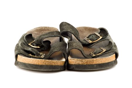 Old grungy sandal isolated on white backgroundの写真素材