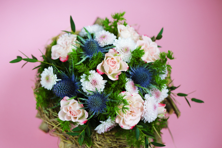 Bouquet of flowers with roses and other plants close upの写真素材