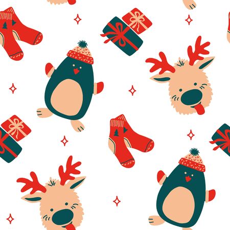 Seamless vector pattern New Year and Christmas in the style of Scandinavian simple hand drawing. Traditional holiday cute penguin, socks, reindeer. Bright ornament for print, wrap, textile, fabric.のイラスト素材