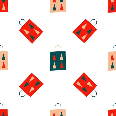 Seamless Christmas pattern of repeating holiday elements - gift paper bags with fir trees on a white background. Vector illustration in scandinavian style of hand drawing. Ornament for print, wrap, fabric.のイラスト素材