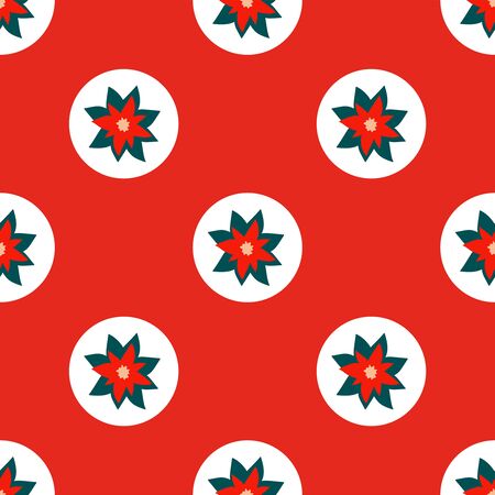 Bright red seamless Christmas pattern of repeating elements - white circles with poinsettia in the center. Vector illustration in a festive style of hand drawing. For fabric, wrapping paper, wallpaperのイラスト素材
