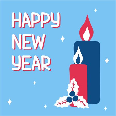 New Year traditional candles and mistletoe in scandinavian hand drawn style with lettering. Vector illustration, classic blue color, square format. Suitable for a greeting card or banner.のイラスト素材