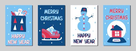 Set of Christmas and New Year greeting cards in the Scandinavian doodle style, classic blue, pink and white colors. Stock vector illustrations with symbols of holiday - gift, sledge, gingerbread man, snowman, snow globe.のイラスト素材