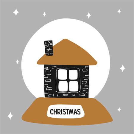 Merry Christmas snow globe with a cozy house inside on a white background in scandinavian hand drawn style and gold, silver, black colors. Vector illustration, one simple object, square format.のイラスト素材