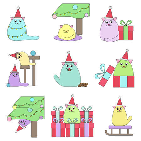 Merry Christmas set of holiday cats in cartoon style and pastel colors. Vector illustration - clip-art collection of cute pets, gifts, fir tree, sledge. Isolate objects on a white background.のイラスト素材