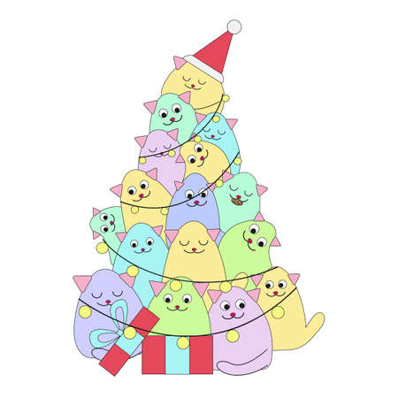 Merry Christmas and Happy New Year. Holiday cat christmas tree in cartoon style and pastel colors. Vector concept illustration of cute pets, gifts, tree with cats. Isolate object on a white backgroundのイラスト素材