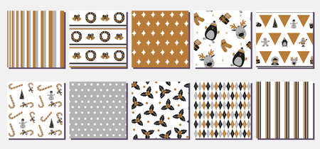 Set of 10 seamless Christmas vector patterns - includes funny backgrounds with cute holiday characters, symbols of winter and New Year, floral elements, stripes, triangles, borders.のイラスト素材