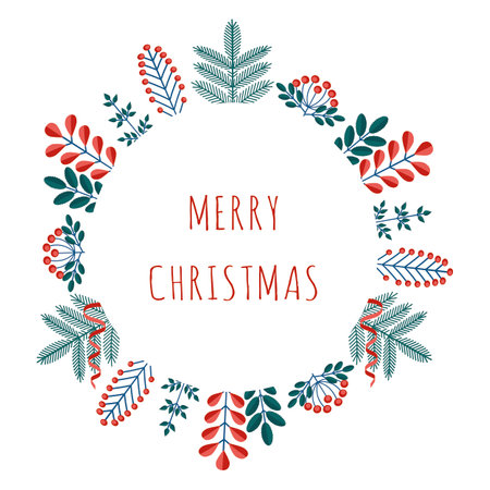 Merry Christmas greeting card with winter plants frame in the modern flat style. Stock vector illustrations with botanical symbols of holiday - pine, cone, branch, berry in red, green colors.のイラスト素材