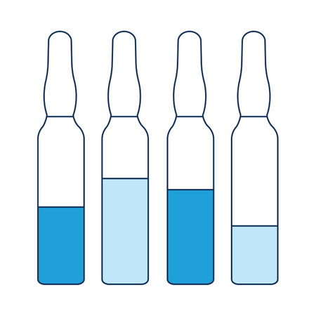 Icon of vaccination, four bottles of vaccine for a medical poster in shades of blue. Vector illustration in the style of a flat icon isolated on a white background.のイラスト素材