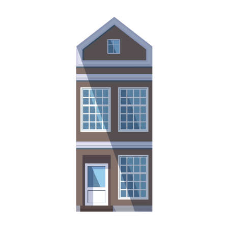 European brown old house in the traditional Dutch town style with a gable roof, square attic window and large loft-style windows. Vector illustration in the flat style isolated on a white background.のイラスト素材