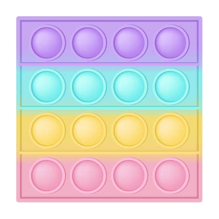 Popit figure square as a fashionable silicon toy for fidgets. Addictive anti stress toy in pastel rainbow colors. Bubble anxiety developing pop it toys for kids. Vector illustration isolated on white.のイラスト素材