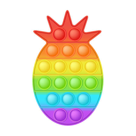 Popit figure pineapple as a fashionable silicon toy for fidgets. Addictive anti stress toy in bright rainbow colors. Bubble anxiety developing pop it toys for kids. Vector illustration isolated on whiteのイラスト素材