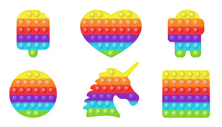 Set of various forms pop it a trendy rainbow toys for fidgets. Addictive anti-stress toy in bright colors. Bubble sensory developing popit for kids. Vector illustration isolated on a white backgroundのイラスト素材