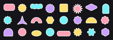 A set of patches and stickers with copy space in retro pop style colorful pastel colors. Cool graphic background design elements. Simple isolated vector shapes for promo, packaging, social media posts, printingのイラスト素材