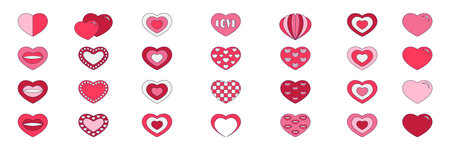 Retro Valentine Day set of icons. Love symbols in the fashionable pop line art style. The figure of heart, rainbow, lock, balloon in soft pink, red and coral color. Vector illustration isolated on whiteのイラスト素材