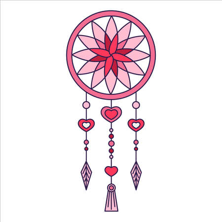 Retro Valentine Day boho icon of the dreamcatcher. Love symbols in the fashionable pop line art style. The figure of heart dreams catcher in soft pink, red and coral color. Vector illustration isolated on whiteのイラスト素材