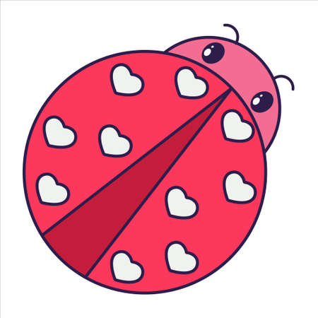 Kawaii Valentine Day icon ladybug. Love symbol in the fashionable pop line art style. The cute ladybug with hearts is in soft pink, red, and coral color. Vector illustration isolated on white.のイラスト素材
