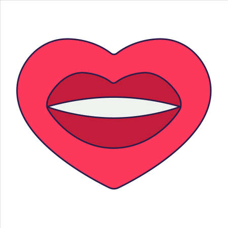 Retro Valentine Day icon heart. Love symbols in the fashionable pop line art style. The figure of a heart in soft pink, red and coral color. Vector illustration isolated on white.のイラスト素材