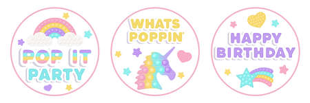 Set of three Birthday favor tags fidget toy vector design with illustrations and text. Happy Birthday gift printable circle cards or labels in pastel style. Party design as a trendy toy.のイラスト素材