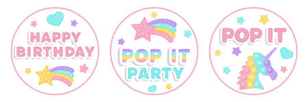 Set of three Birthday favor tags popi it fidget toy vector design with illustrations and text. Happy Birthday gift printable circle cards or labels in pastel popit style. Party design as a trendy toy.のイラスト素材