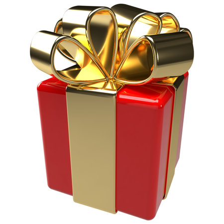 3d gift box icon. Christmas holiday red gold gift wrap.の写真素材