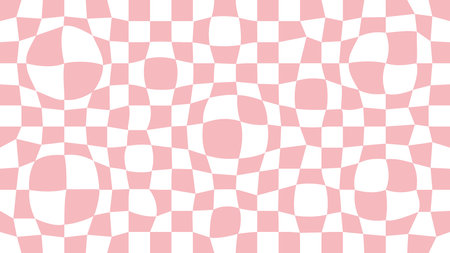 Trippy grid retro distorted chessboard background. Vintage groovy pink abstract geometric pattern for textile. Vector hippie 70s 80s style illustration for poster, flyer, greeting card, banner.のイラスト素材