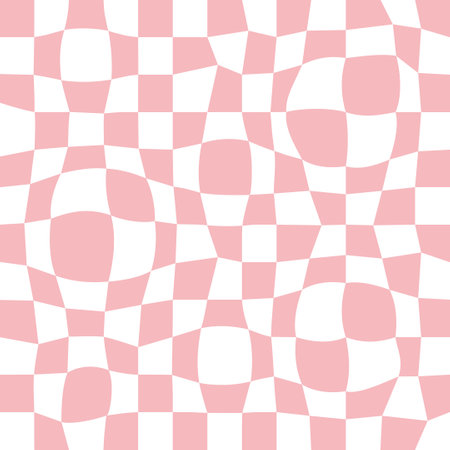 Trippy grid retro distorted chessboard background. Vintage groovy pink abstract geometric pattern for textile. Vector hippie 70s 80s style illustration for poster, flyer, greeting card, banner.のイラスト素材