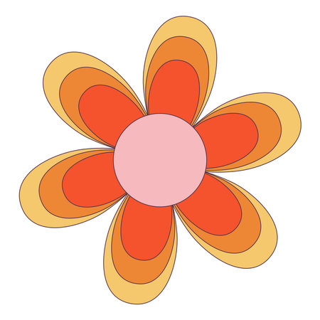 Retro 70s Groovy Hippie sticker daisy flower. Psychedelic cartoon element -funky illustration in vintage hippy style. Vector flat illustration for banner, flyer, invitation, card.のイラスト素材
