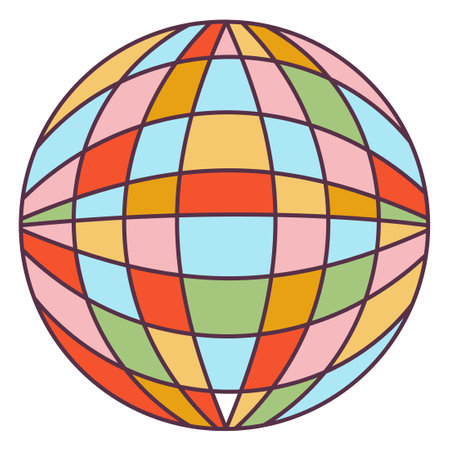 Retro 70s Groovy Hippie sticker disco ball. Psychedelic cartoon element -funky illustration in vintage hippy style. Vector flat illustration for banner, flyer, invitation, card.のイラスト素材
