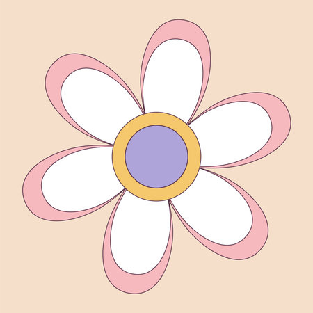 Retro 70s Groovy Hippie sticker daisy flower. Psychedelic cartoon element -funky illustration in vintage hippy style. Vector flat illustration for banner, flyer, invitation, card.のイラスト素材