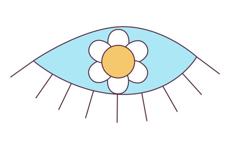 Retro 70s Groovy Hippie sticker eye. Psychedelic cartoon element -funky illustration in vintage hippy style. Vector flat illustration for banner, flyer, invitation, card.のイラスト素材