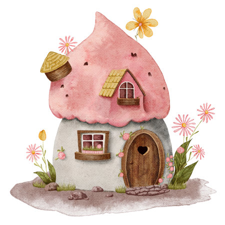 Pink watercolor cute house. Fairytale gnome house white with pink roof among flowers. Hand drawn PNG illustration isolated on the transparent background.の写真素材