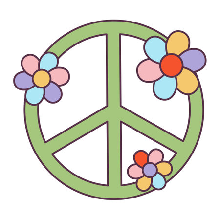 Retro 70s Groovy Hippie sticker peace symbol with flowers. Psychedelic cartoon element -funky illustration in vintage hippy style. Vector flat illustration for banner, flyer, invitation, card.のイラスト素材