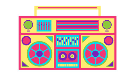 Neon retro cassette tape recorder Retro cartoon vector illustration on white background.のイラスト素材