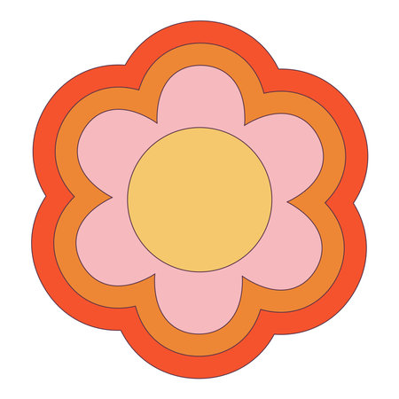 Retro 70s Groovy Hippie sticker daisy flower. Psychedelic cartoon element -funky illustration in vintage hippy style. Vector flat illustration for banner, flyer, invitation, card.のイラスト素材