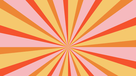 Groovy retro burst sun rays background. Vintage colorful abstract geometric pattern. Vector summer hippie carnival illustration for poster, flyer, greeting card, banner.のイラスト素材