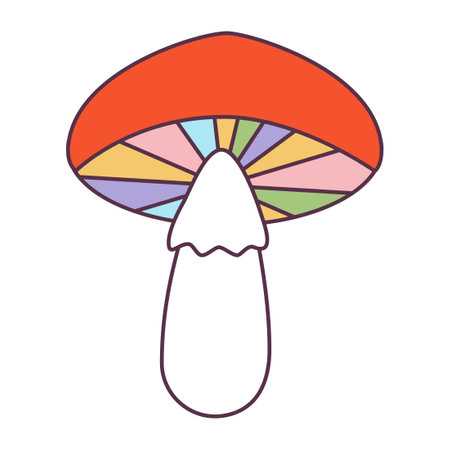 Retro 70s Groovy Hippie sticker stylizes hippie mushroom. Psychedelic cartoon element -funky fungus illustration in vintage hippy style. Vector flat illustration for banner, flyer, invitation, card.のイラスト素材