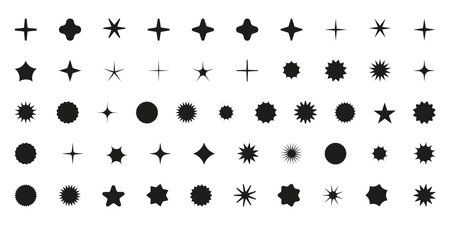 Simple minimalistic black elements, abstract brutalist geometric shapes. Basic form Y2K figure star, sparkle, rhombus, wavy circle. Swiss primitive element set. Minimal aesthetic postmodern vector.のイラスト素材