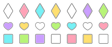 Stitch sticker design set. Abstract graphic patch. Modern element label badge for colorful packaging. Geometric form and frame different shapes. Vector illustrationのイラスト素材