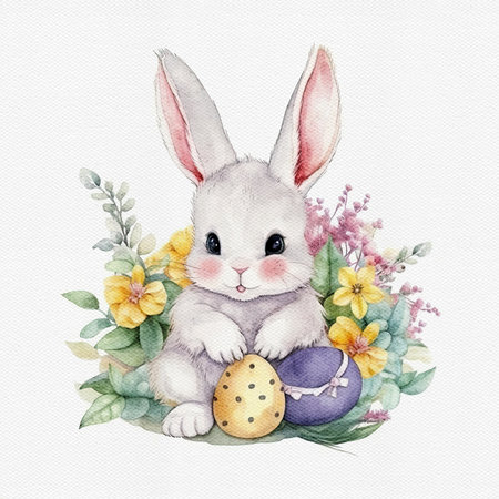 Watercolor cute Easter bunny with painted egg and flower. Delicate spring illustration. AI generated Image, digital art. Nursery decor, wall art, printable. AI generated Image, digital art.の写真素材