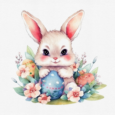 Watercolor cute Easter bunny with painted egg and flower. Delicate spring illustration. AI generated Image, digital art. Nursery decor, wall art, printable. AI generated Image, digital art.の写真素材