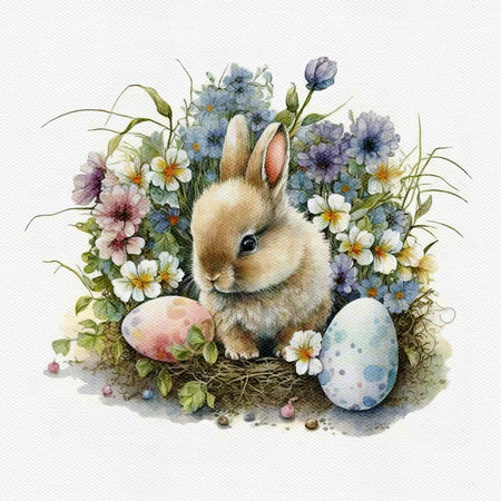 Watercolor cute Easter bunny with painted egg and flower. Delicate spring illustration. AI generated Image, digital art. Nursery decor, wall art, printable. AI generated Image, digital art.の写真素材