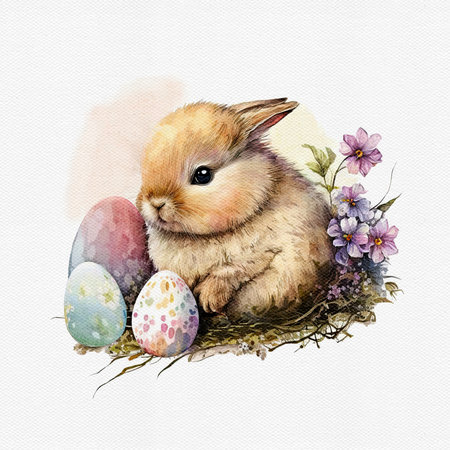 Watercolor cute Easter bunny with painted egg and flower. Delicate spring illustration. AI generated...