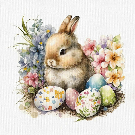 Watercolor cute Easter bunny with painted egg and flower. Delicate spring illustration. AI generated Image, digital art. Nursery decor, wall art, printable. AI generated Image, digital art.の写真素材