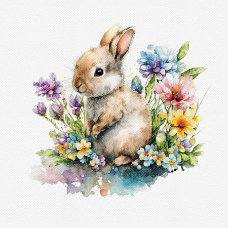 Watercolor cute bunny hold flower. Delicate spring illustration - rabbit with bouqet. AI generated Image, digital art. Nursery decor, wall art, printable illustration. AI generated Image, digital art.の写真素材