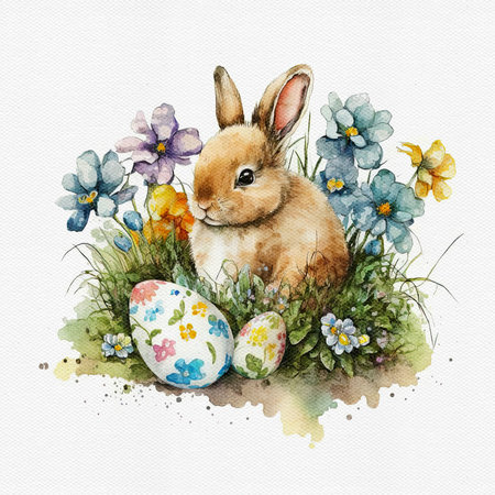 Watercolor cute bunny hold flower. Delicate spring illustration - rabbit with bouqet. AI generated Image, digital art. Nursery decor, wall art, printable illustration. AI generated Image, digital art.の写真素材